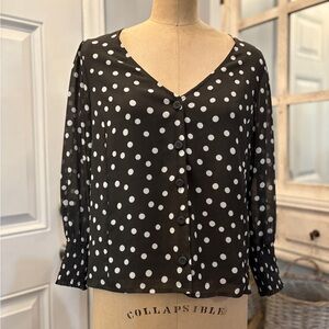 Madewell Black and White Long Sleeve  V-neck Polka Dot Button-Up Blouse 4 Chic